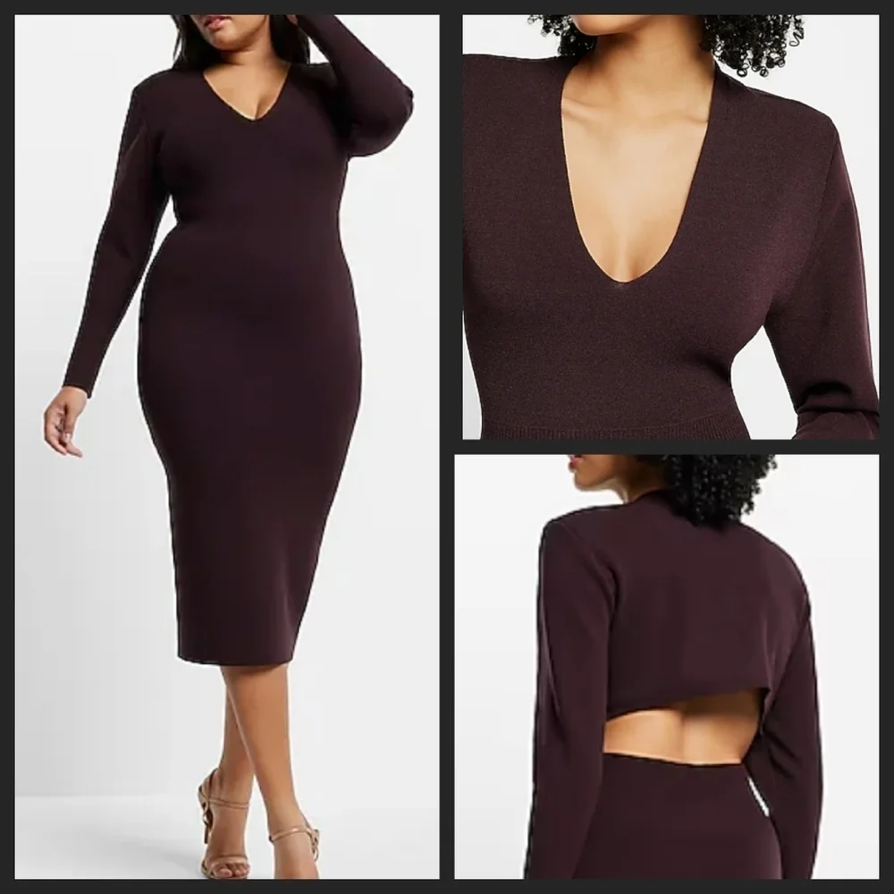 NEW! EXPRESS Knit V-neck Shoulder Pad Cut Out Back Midi Dress XL.